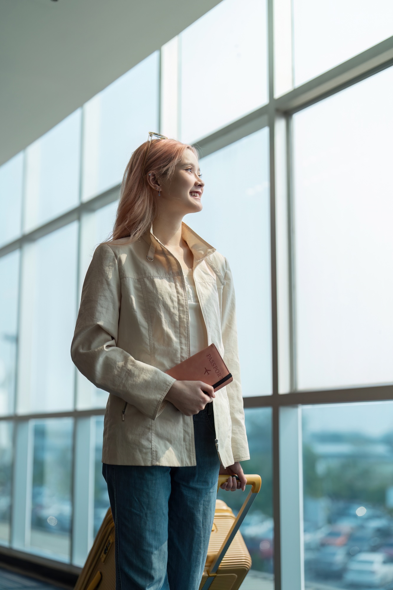 Airport travel and woman with passport, flight ticket or information of immigration, journey and