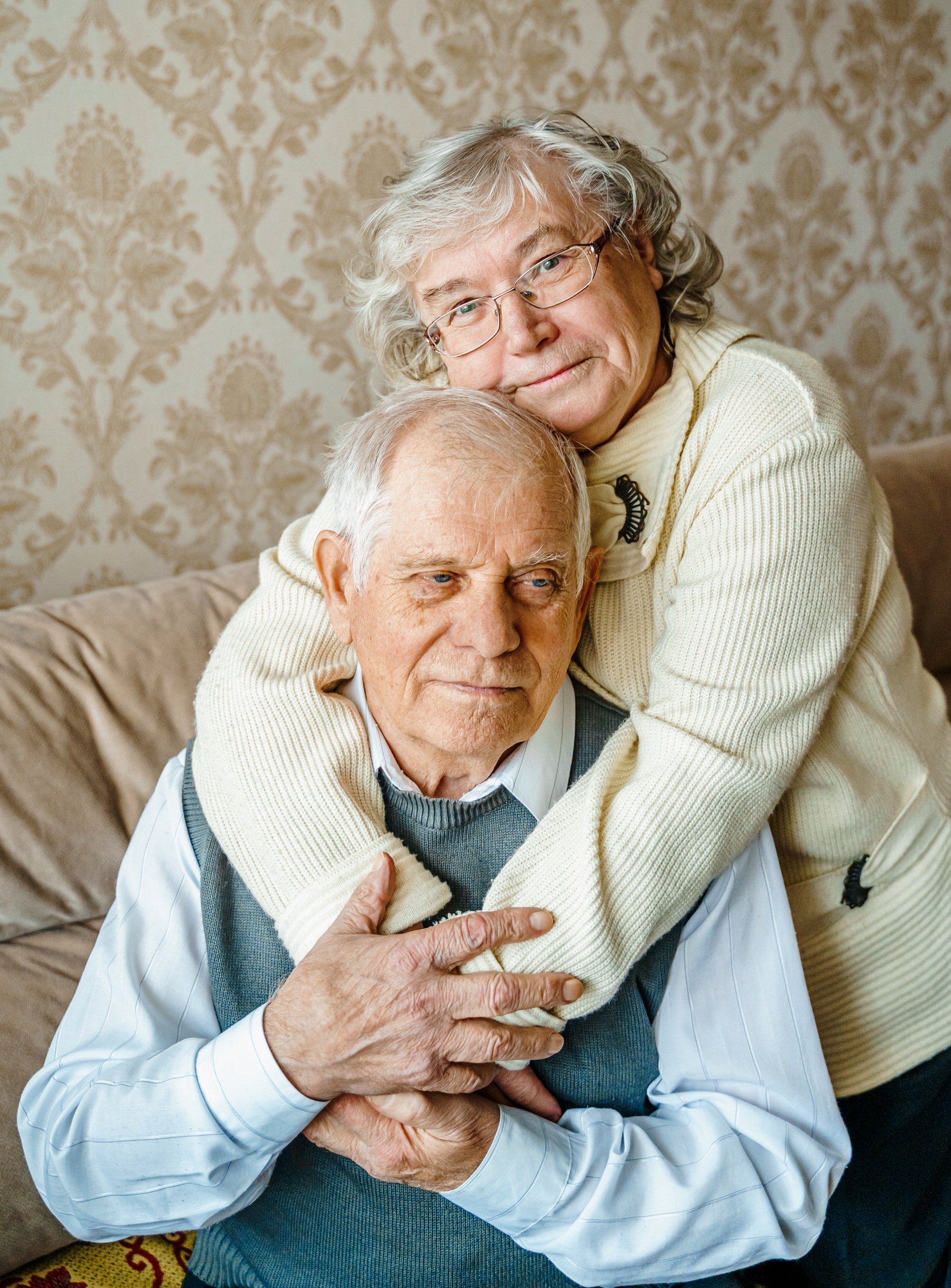Elderly senior romantic love couple. Old retired man woman together. Aged husband wife in cozy